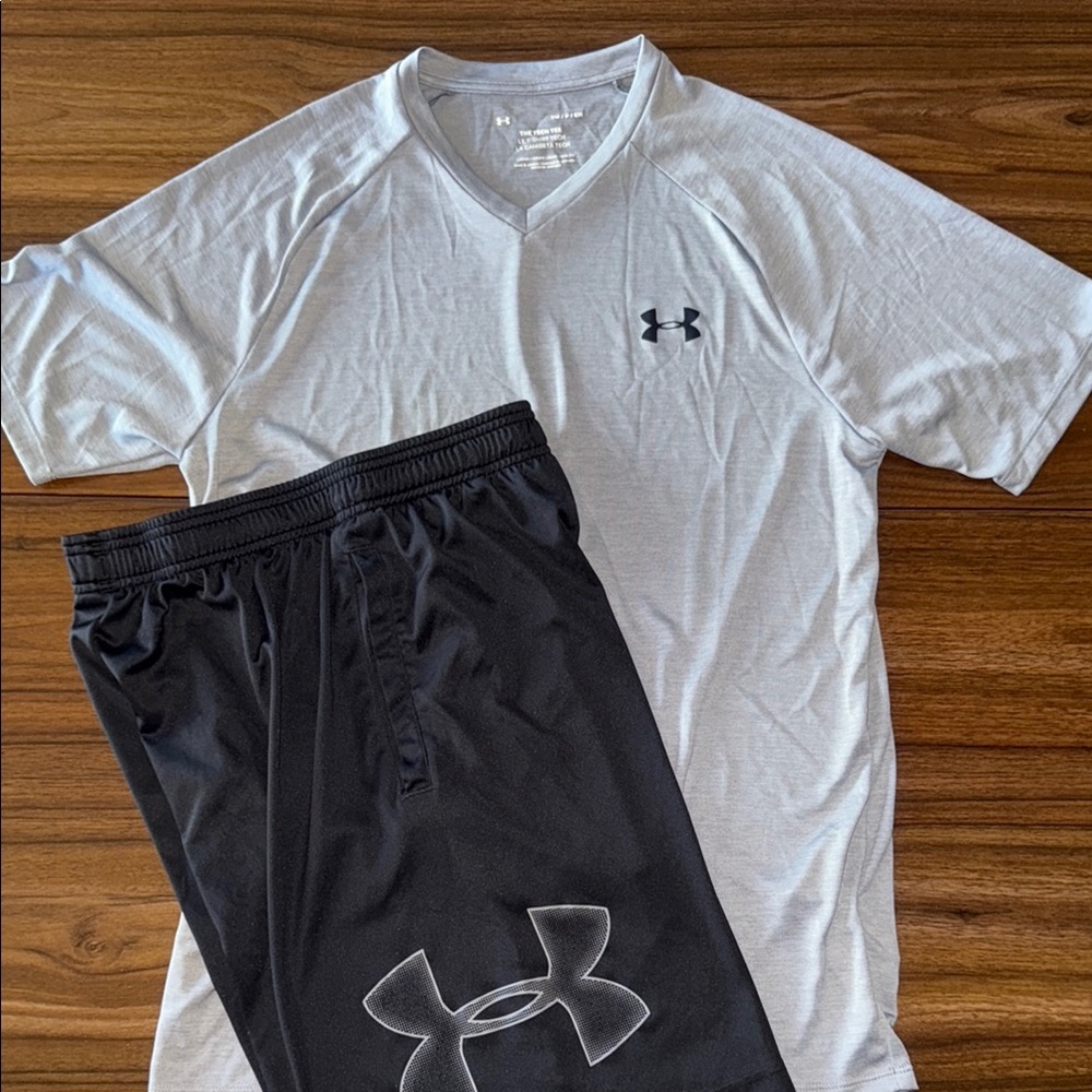 Under Armour Light Gray Tech Tee and Black Shorts Set
